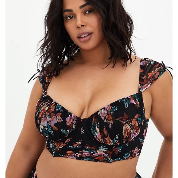torrid Other - NWT Torrid Black Floral Mesh Drawstring Cap Sleeve Longline Bralette